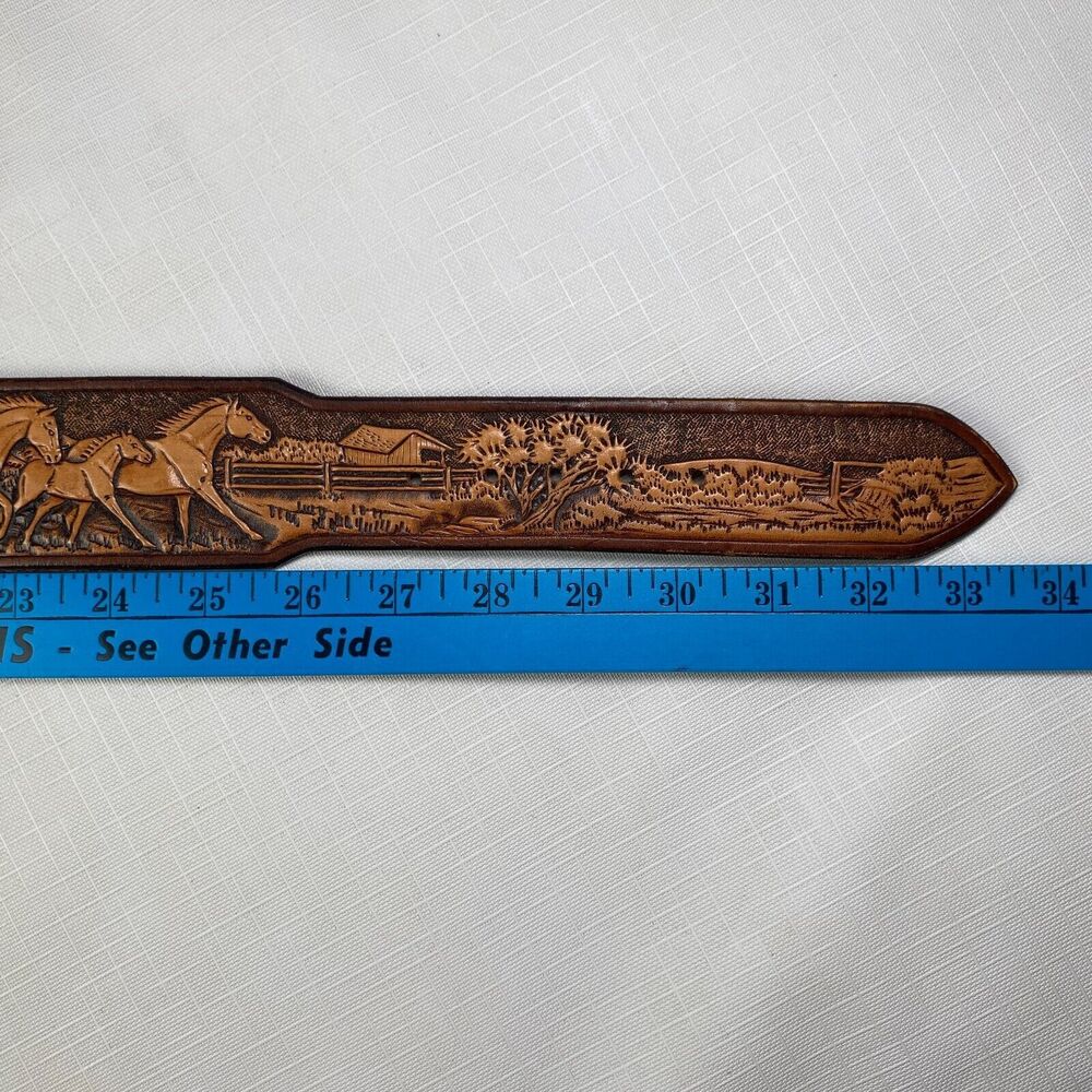 Hand Tooled LEATHER 3-D HORSES SCENE Western Belt! Handmade T Goodloe Sz 29 - Picture 12 of 16